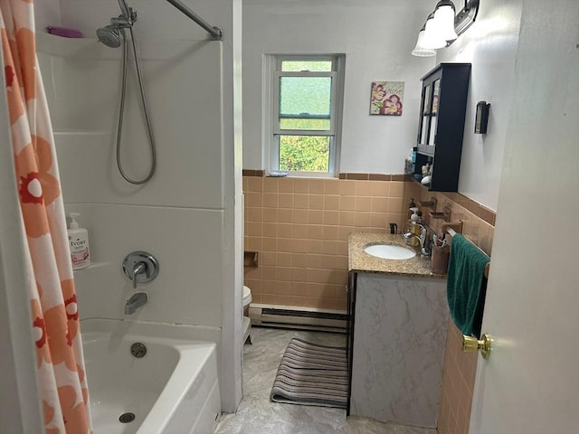 26 Burnap Rd Unit 6, Holliston, MA 01746 - bathroom with baseboard heating, vanity, tile walls, shower / bath combination with curtain, and wainscoting