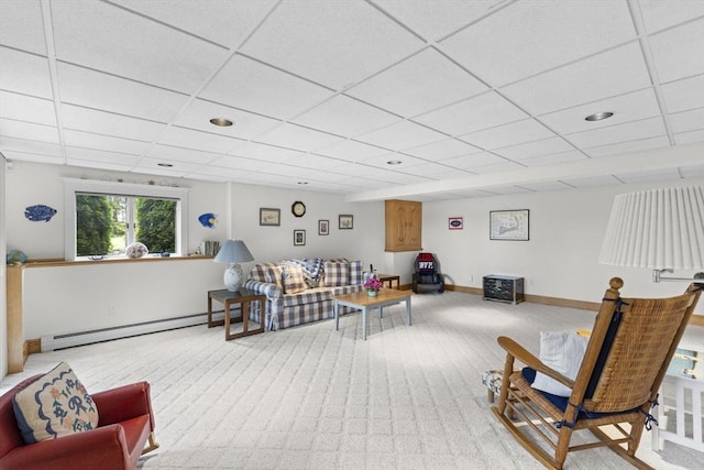 376 Flint St, Barnstable, MA 02648 - living room with baseboard heating, carpet, a drop ceiling, and baseboards