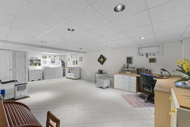 376 Flint St, Barnstable, MA 02648 - home office with washing machine and clothes dryer, a drop ceiling, light colored carpet, and recessed lighting