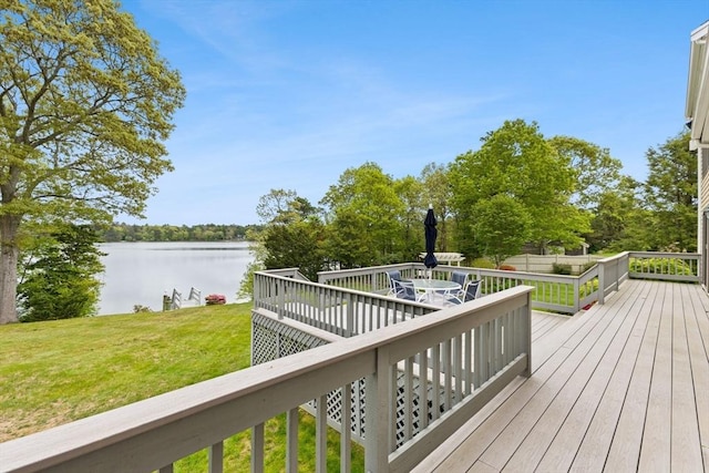 376 Flint St, Barnstable, MA 02648 - deck with a water view, a lawn, and outdoor dining area