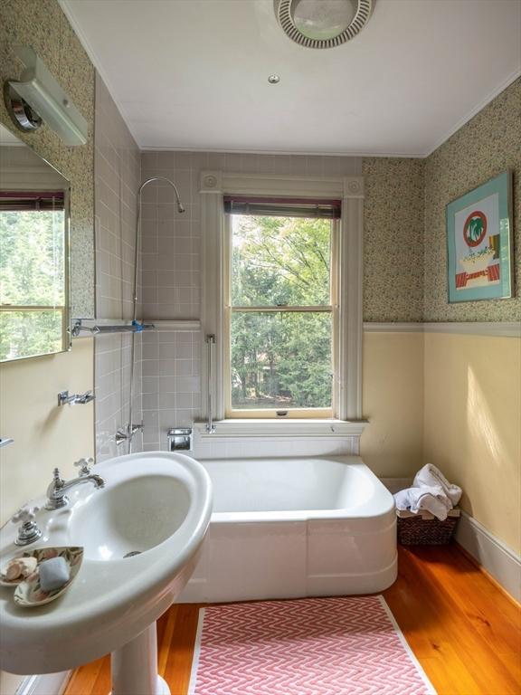 bathroom with wood finished floors, a bath, a shower, and a sink