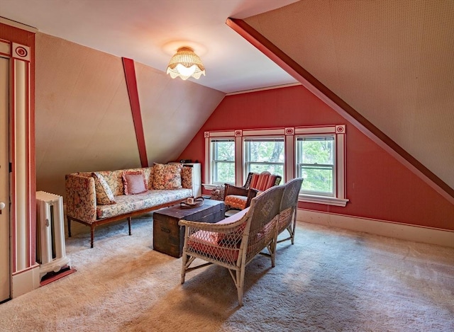 living room with carpet flooring and lofted ceiling