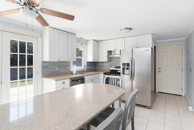 25 Watson St, Seekonk, MA 02771 - kitchen featuring stainless steel appliances, exhaust hood, a sink, a ceiling fan, and light tile patterned floors