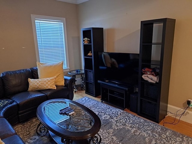 living room with ornamental molding and wood finished floors