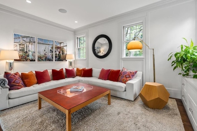 living room with a healthy amount of sunlight, wood-type flooring, and ornamental molding