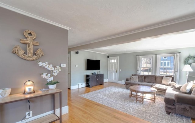 living area featuring light wood-style floors, crown molding, and baseboards