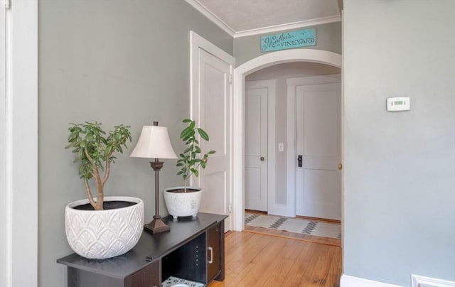 interior space featuring light wood-style floors and arched walkways