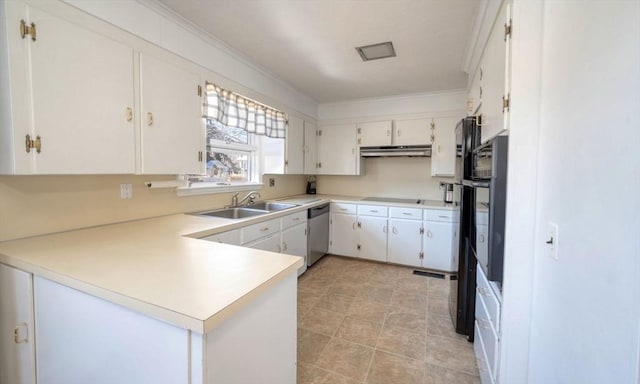 kitchen with dishwasher, a peninsula, black electric cooktop, under cabinet range hood, and a sink