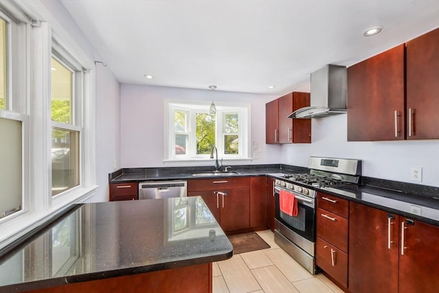 28 Sterling St, Weymouth, MA 02188 - kitchen featuring appliances with stainless steel finishes, a sink, wall chimney range hood, dark brown cabinets, and recessed lighting