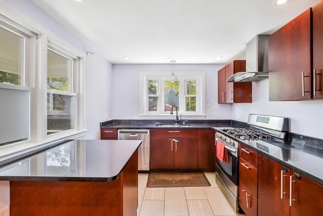 28 Sterling St, Weymouth, MA 02188 - kitchen featuring appliances with stainless steel finishes, a sink, wall chimney range hood, dark brown cabinets, and recessed lighting