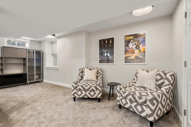 living area with light colored carpet