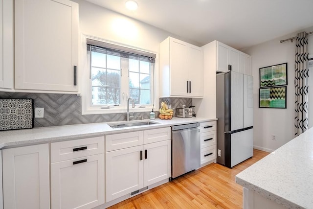kitchen featuring decorative backsplash, appliances with stainless steel finishes, a sink, light wood finished floors, and white cabinetry
