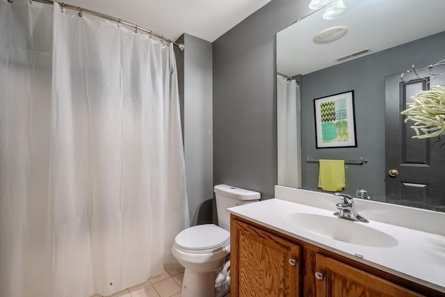 bathroom featuring tile patterned flooring, visible vents, vanity, toilet, and a shower with shower curtain