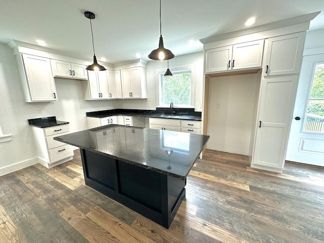 90 Bald Mountain Rd, Bernardston, MA 01337 - kitchen featuring white cabinetry, recessed lighting, dark wood-type flooring, a sink, and baseboards