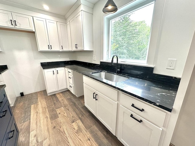 90 Bald Mountain Rd, Bernardston, MA 01337 - kitchen featuring a sink, white cabinetry, dark wood-style floors, dark stone countertops, and recessed lighting