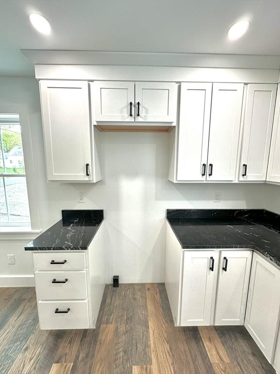 90 Bald Mountain Rd, Bernardston, MA 01337 - kitchen featuring dark wood-style floors, white cabinetry, dark stone countertops, recessed lighting, and baseboards