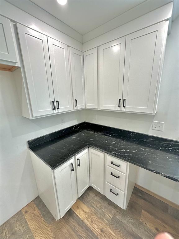 90 Bald Mountain Rd, Bernardston, MA 01337 - kitchen with dark wood-style flooring, white cabinetry, and dark stone countertops