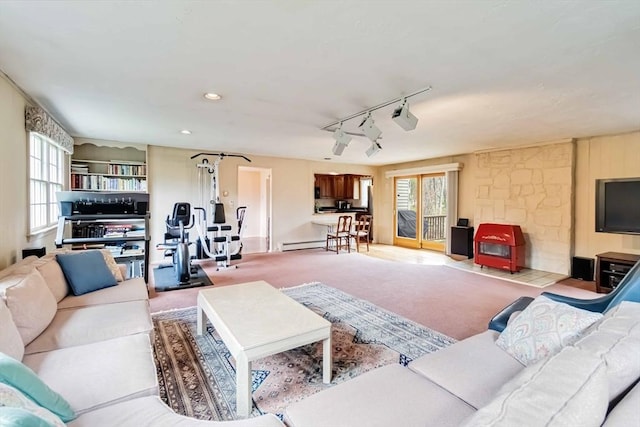 10 Mallard Rd, Acton, MA 01720 - carpeted living room featuring a wood stove, a wealth of natural light, and track lighting