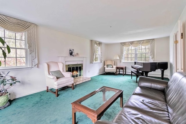 10 Mallard Rd, Acton, MA 01720 - carpeted living area with baseboards, a baseboard radiator, and a glass covered fireplace