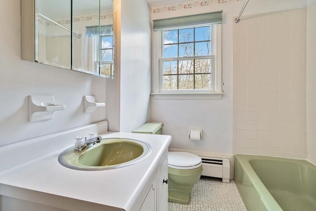 10 Mallard Rd, Acton, MA 01720 - bathroom with toilet, a baseboard radiator, shower / washtub combination, tile patterned floors, and vanity