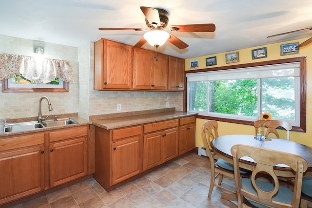 kitchen featuring decorative backsplash, sink, and ceiling fan