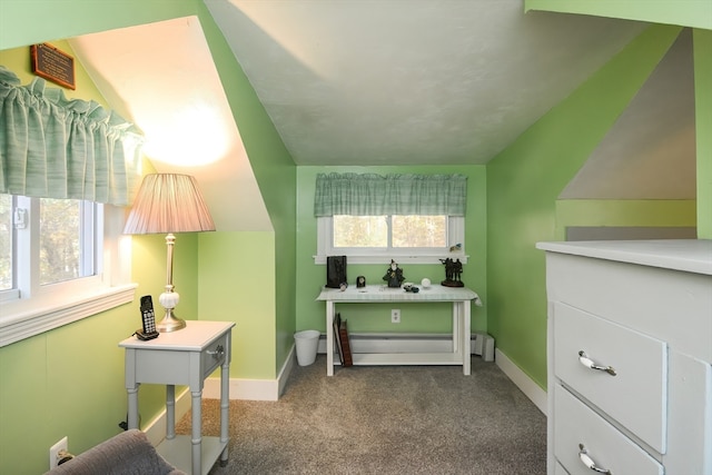 interior space featuring a baseboard radiator, lofted ceiling, and a wealth of natural light