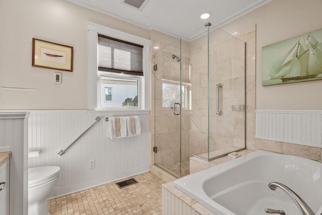 full bathroom featuring toilet, separate shower and tub, ornamental molding, vanity, and tile patterned flooring