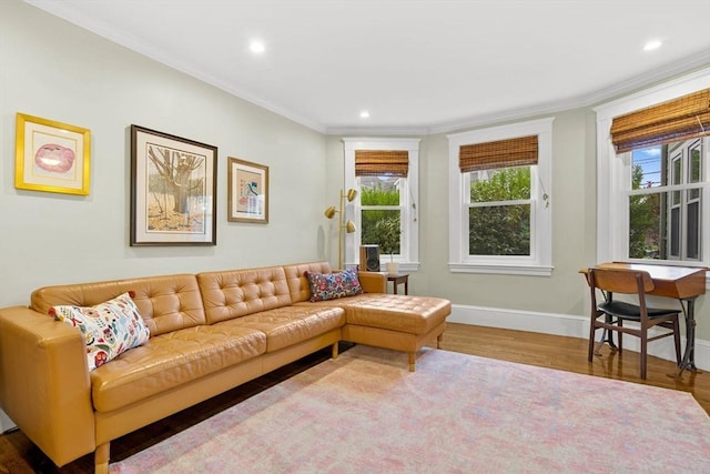 living area featuring wood finished floors, ornamental molding, baseboards, and recessed lighting