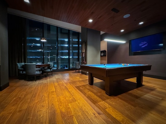 playroom featuring wooden ceiling, billiards, and hardwood / wood-style floors