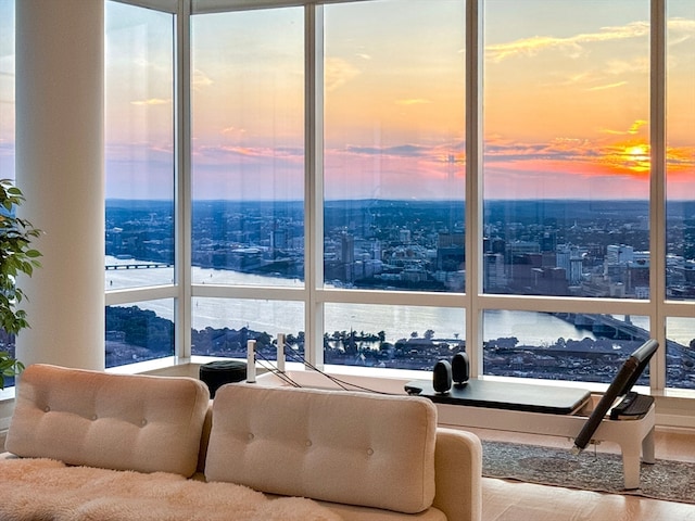 living room featuring a water view, wood-type flooring, and a healthy amount of sunlight