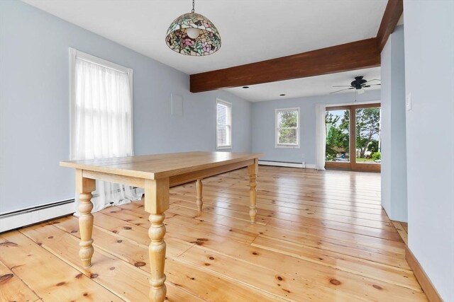 80 Lennox Rd Unit 1, Nahant, MA 01908 - unfurnished dining area with a baseboard heating unit, beamed ceiling, light wood-style flooring, baseboards, and ceiling fan