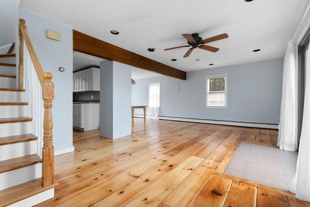 80 Lennox Rd Unit 1, Nahant, MA 01908 - unfurnished living room featuring baseboard heating, light wood finished floors, a ceiling fan, stairway, and beam ceiling
