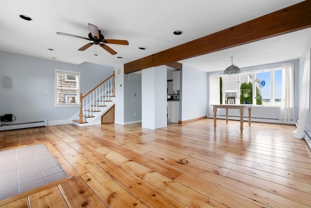 80 Lennox Rd Unit 1, Nahant, MA 01908 - unfurnished living room with light wood-style floors, a baseboard radiator, stairs, ceiling fan, and beamed ceiling
