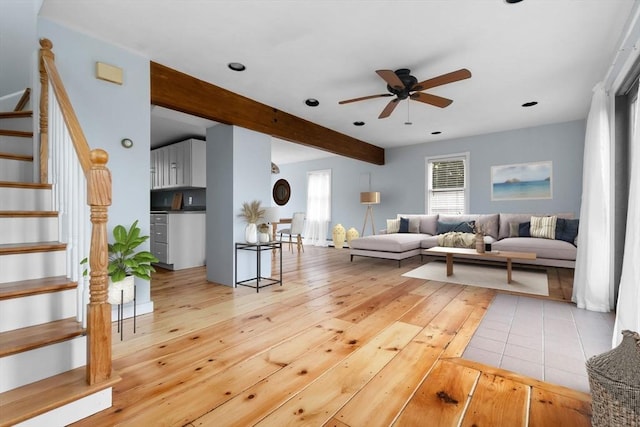80 Lennox Rd Unit 1, Nahant, MA 01908 - living area featuring stairs, light wood finished floors, ceiling fan, beam ceiling, and recessed lighting