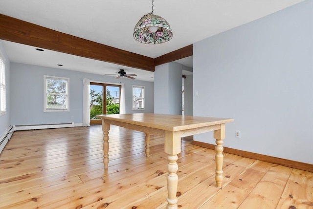 80 Lennox Rd Unit 1, Nahant, MA 01908 - unfurnished dining area with wood-type flooring, baseboards, beamed ceiling, ceiling fan, and baseboard heating