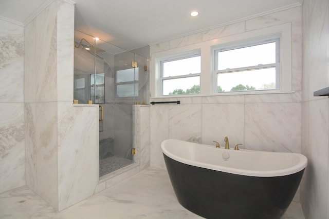 57 Garrison Ave Unit 57, Somerville, MA 02144 - full bathroom featuring marble finish floors, a marble finish shower, a freestanding bath, ornamental molding, and tile walls