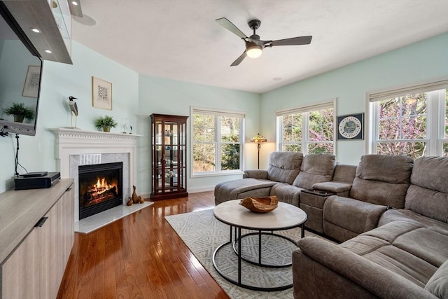16 Boatwrights Loop, Plymouth, MA 02360 - living area featuring a ceiling fan, a premium fireplace, recessed lighting, baseboards, and wood-type flooring
