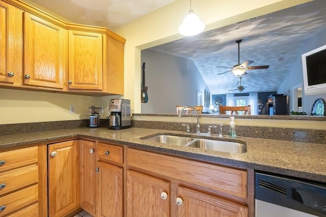 65 Bliss Ave Unit 4, Attleboro, MA 02703 - kitchen featuring dishwashing machine, ceiling fan, dark stone counters, vaulted ceiling, and hanging light fixtures