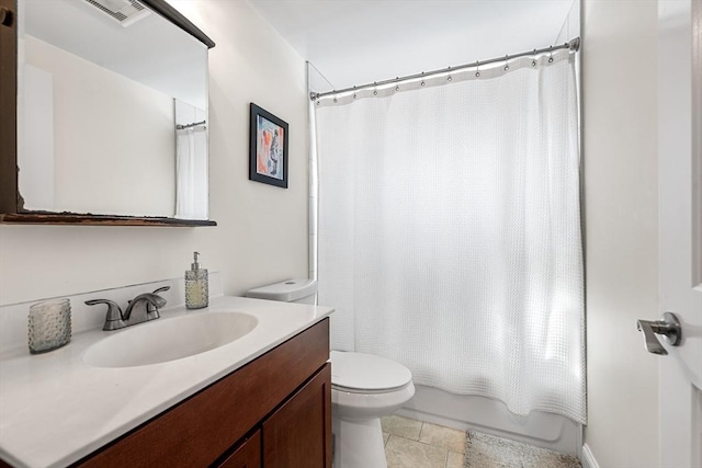 bathroom with visible vents, toilet, shower / tub combo, vanity, and tile patterned flooring