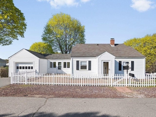 view of front of house featuring a shingled roof, an attached garage, a fenced front yard, and a chimney