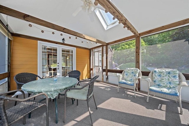 2 Winstead Rd, Weymouth, MA 02189 - sunroom featuring a ceiling fan, french doors, outdoor dining space, and a skylight