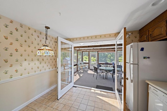 2 Winstead Rd, Weymouth, MA 02189 - kitchen with white appliances, wallpapered walls, french doors, light tile patterned floors, and baseboards