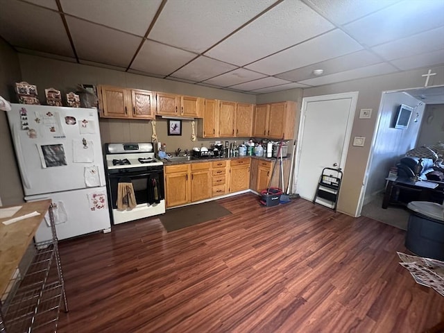 kitchen with range with gas stovetop, a sink, a drop ceiling, dark wood-style flooring, and freestanding refrigerator