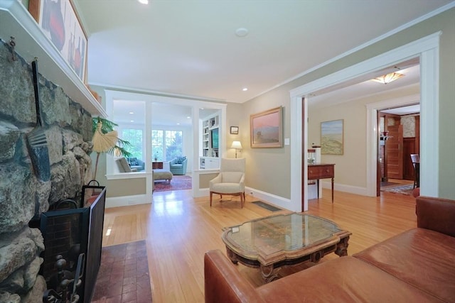 95 Glendale Rd, Sharon, MA 02067 - living area featuring ornamental molding, wood finished floors, and recessed lighting