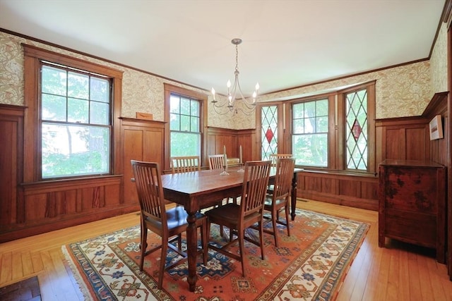 95 Glendale Rd, Sharon, MA 02067 - dining area featuring wallpapered walls, wainscoting, a chandelier, light wood finished floors, and crown molding