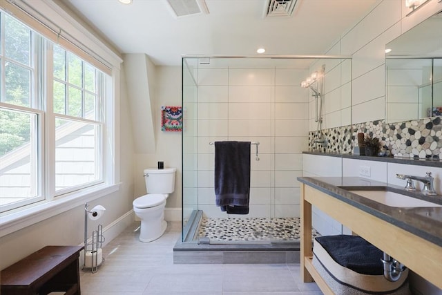 95 Glendale Rd, Sharon, MA 02067 - full bathroom with tiled shower, tile patterned floors, backsplash, vanity, and recessed lighting