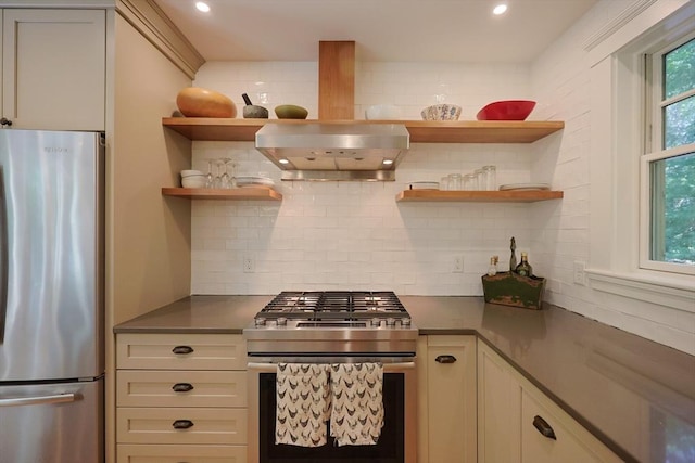 95 Glendale Rd, Sharon, MA 02067 - kitchen with stainless steel appliances, open shelves, extractor fan, decorative backsplash, and recessed lighting