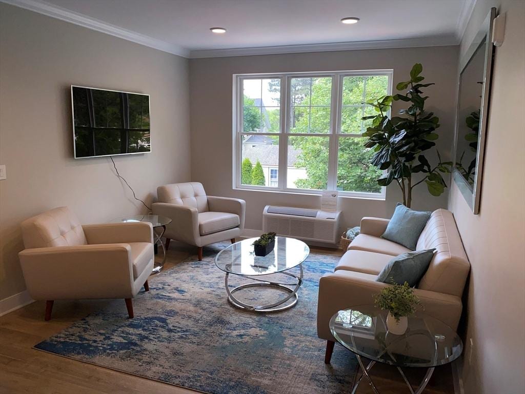 21 Totman St Unit 309, Quincy, MA 02169 - living room featuring wood finished floors, a wall unit AC, recessed lighting, and crown molding