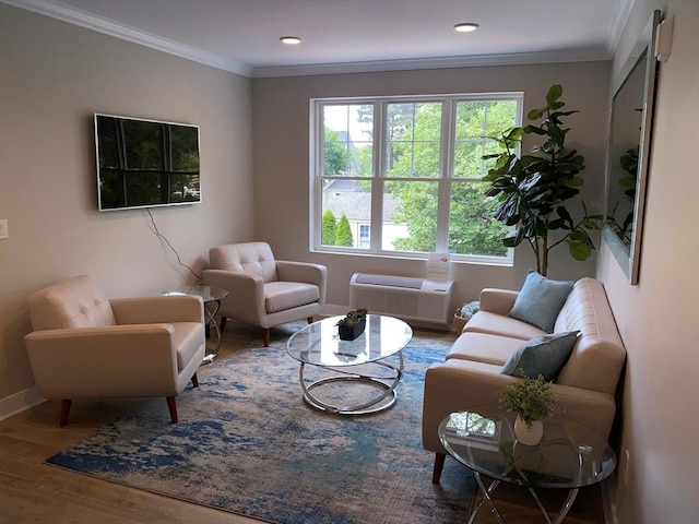 21 Totman St Unit 309, Quincy, MA 02169 - living room featuring wood finished floors, a wall unit AC, recessed lighting, and crown molding