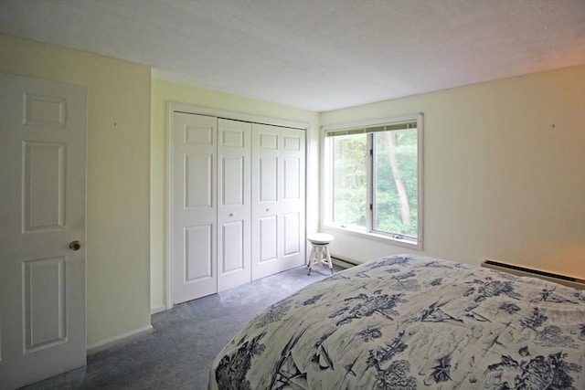 575 Bridge Rd Unit 11-2, Northampton, MA 01060 - bedroom with a baseboard radiator, carpet, a closet, and baseboards